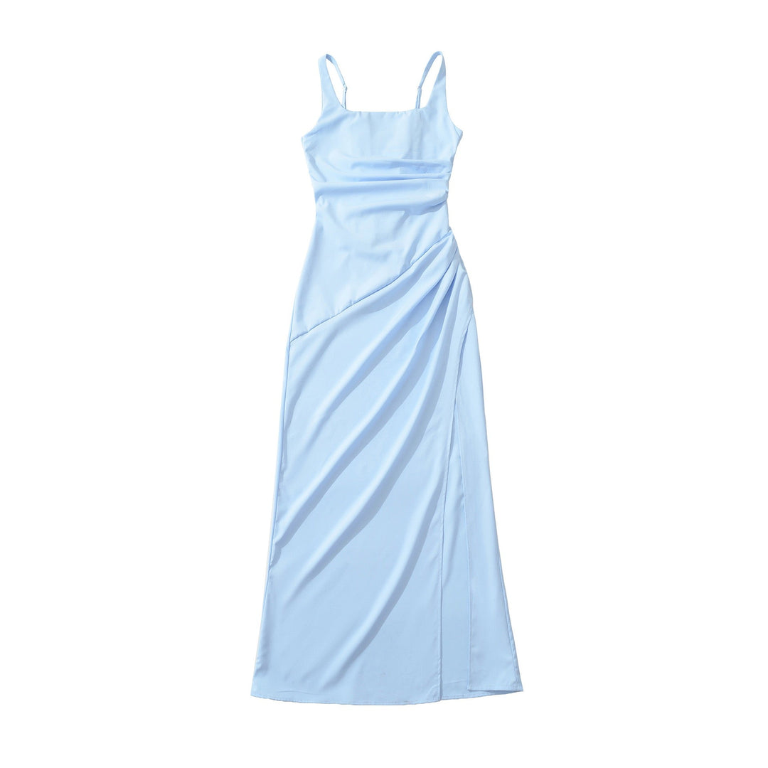 Elegant maxi dress with a slit and back ties for a fitted waist – SKY