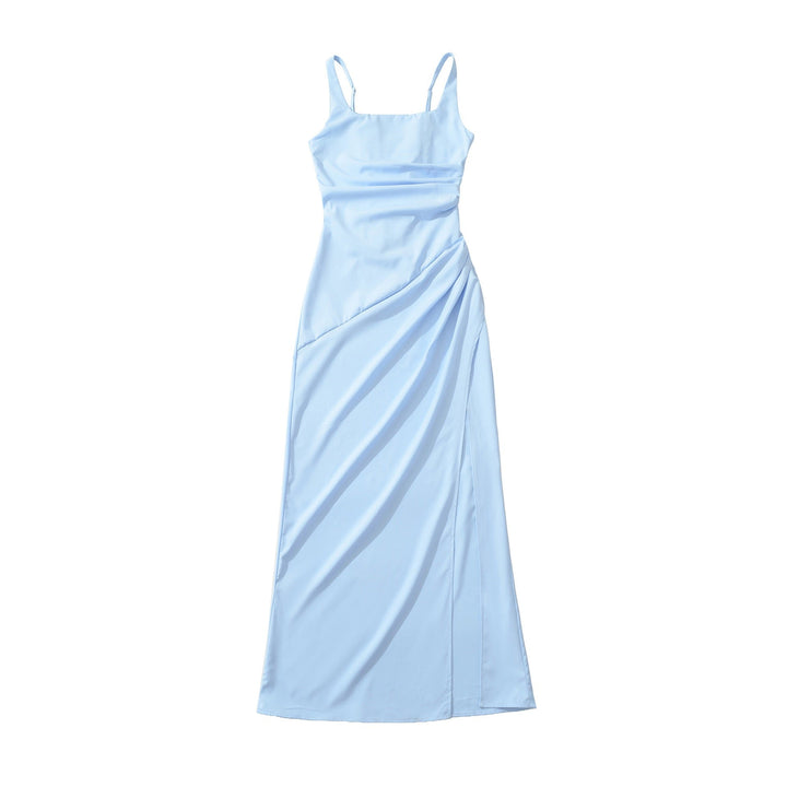 Elegant maxi dress with a slit and back ties for a fitted waist – SKY