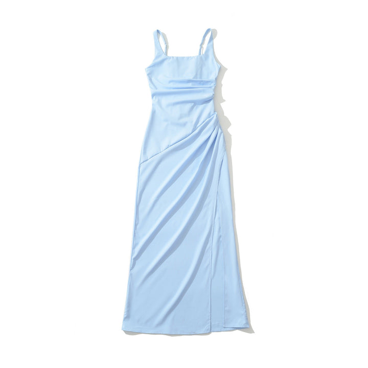Elegant maxi dress with a slit and back ties for a fitted waist – SKY