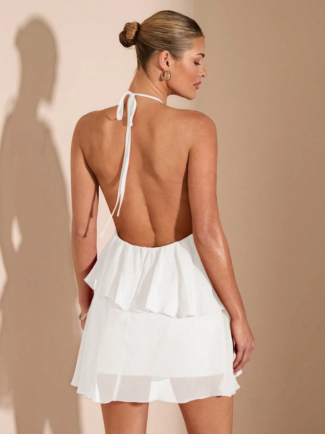 Milly tiered chiffon ruffle mini dress with a neck tie and open back