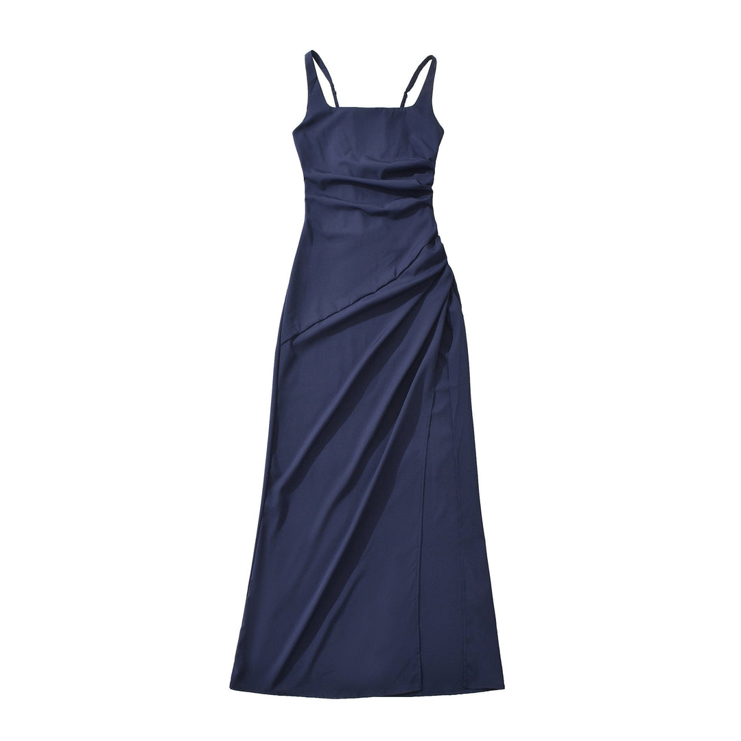 Elegant maxi dress with a slit and back ties for a fitted waist – SKY