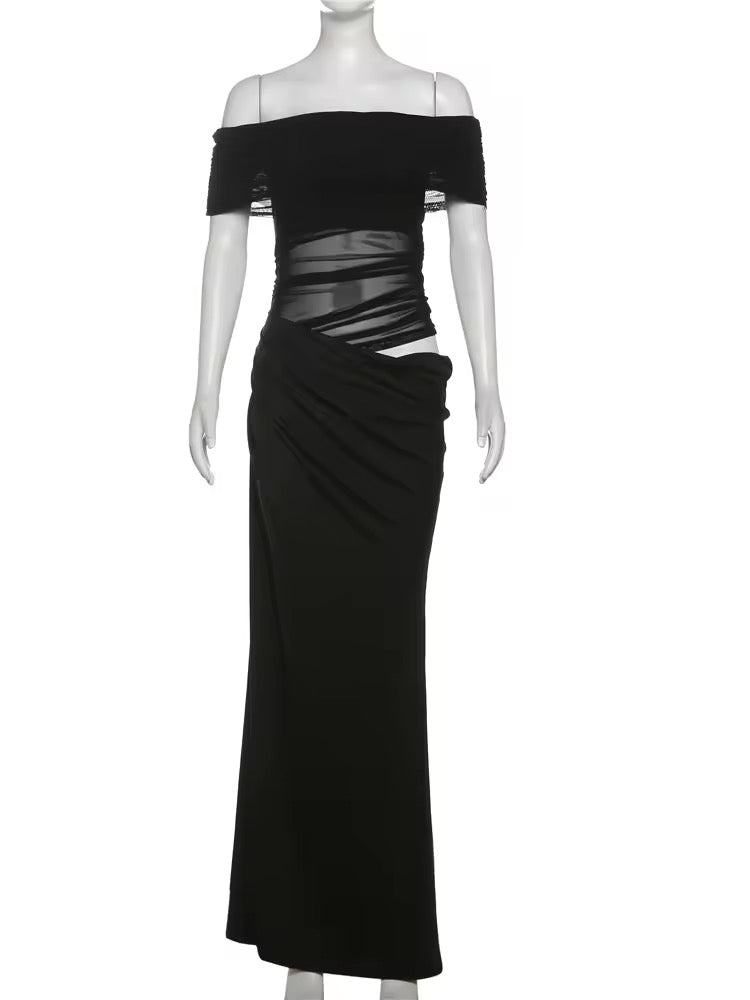 Maxi dress with ruching, mesh design and off-shoulder - Keshet