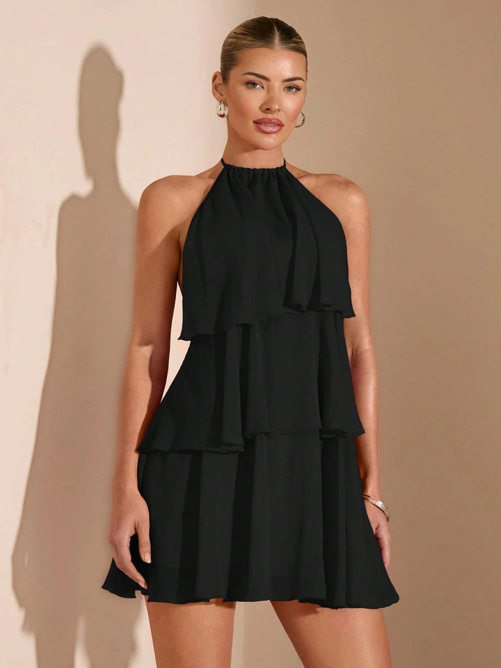 Milly tiered chiffon ruffle mini dress with a neck tie and open back