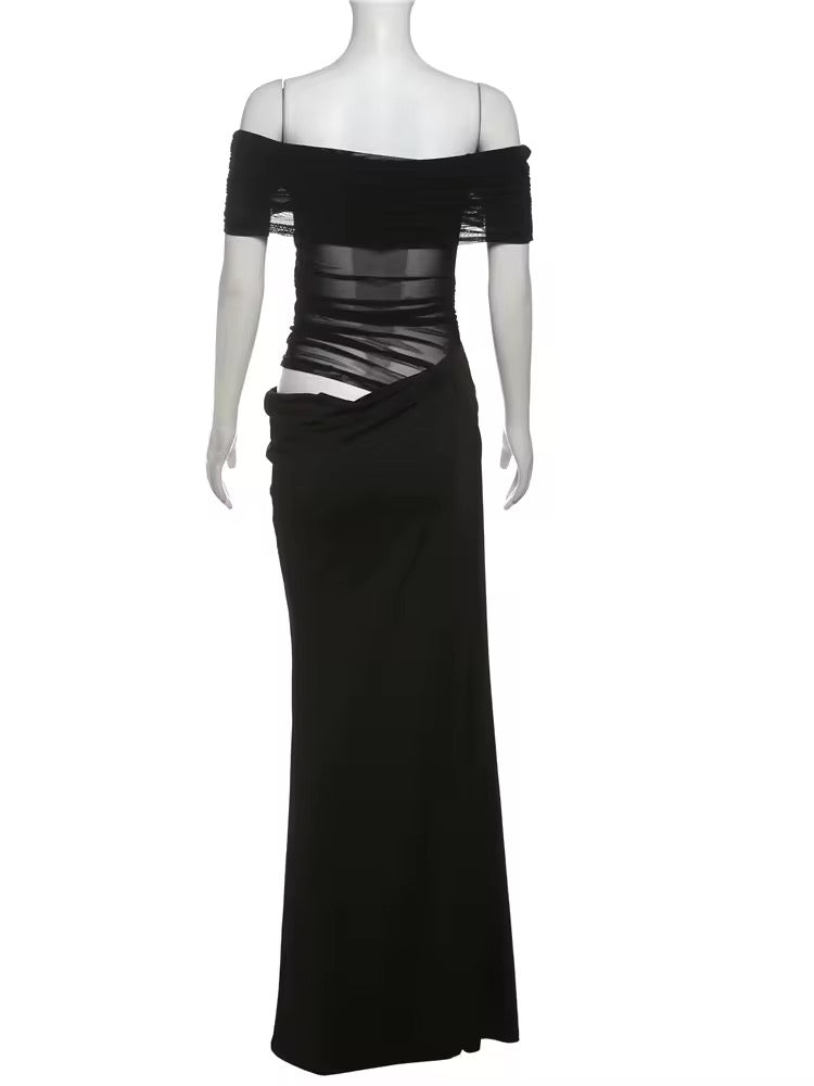 Maxi dress with ruching, mesh design and off-shoulder - Keshet