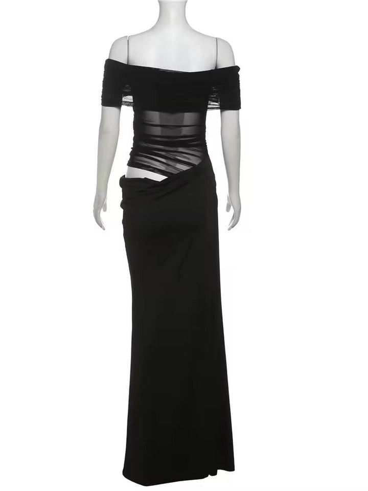 Maxi dress with ruching, mesh design and off-shoulder - Keshet