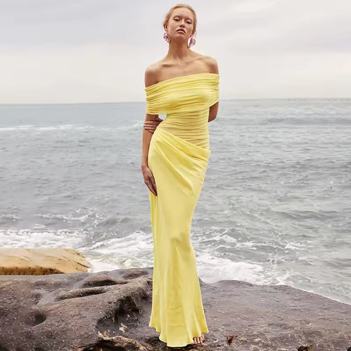 Maxi dress with ruching, mesh design and off-shoulder - Keshet