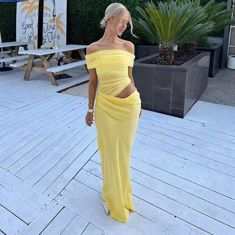 Maxi dress with ruching, mesh design and off-shoulder - Keshet
