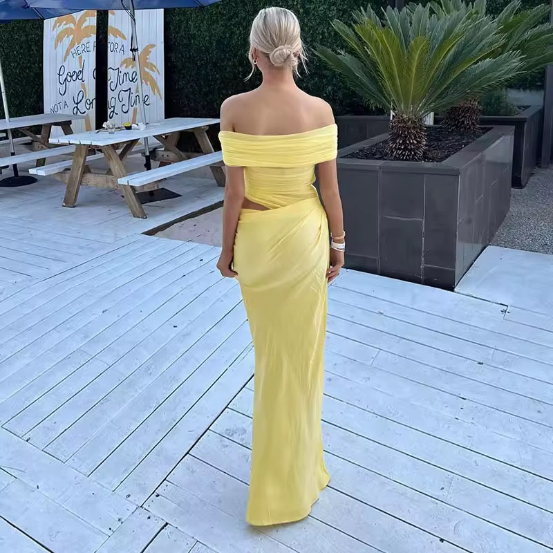 Maxi dress with ruching, mesh design and off-shoulder - Keshet