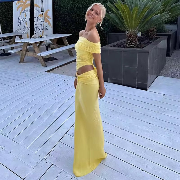 Maxi dress with ruching, mesh design and off-shoulder - Keshet