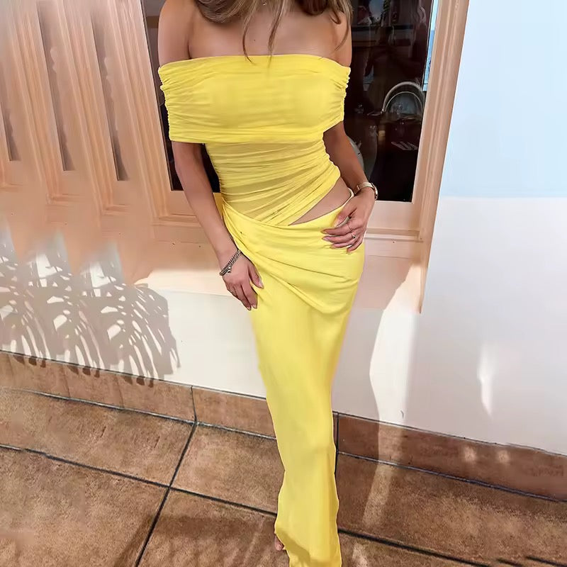 Maxi dress with ruching, mesh design and off-shoulder - Keshet