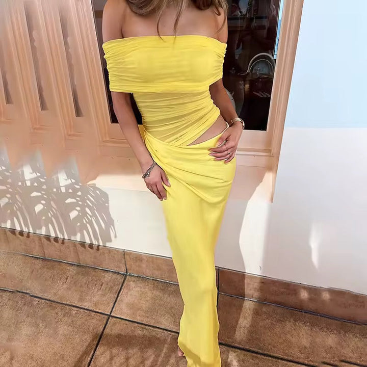 Maxi dress with ruching, mesh design and off-shoulder - Keshet