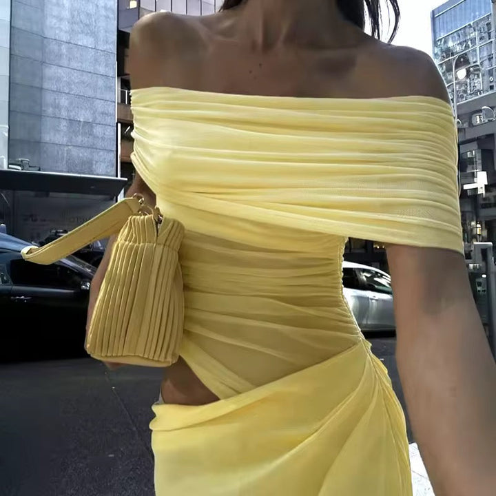 Maxi dress with ruching, mesh design and off-shoulder - Keshet