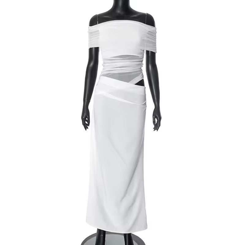 Maxi dress with ruching, mesh design and off-shoulder - Keshet