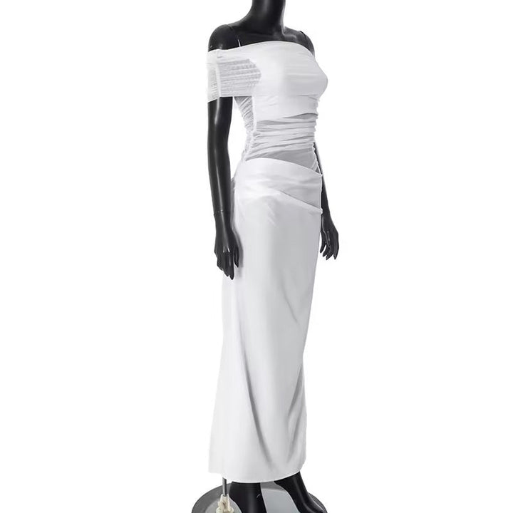 Maxi dress with ruching, mesh design and off-shoulder - Keshet