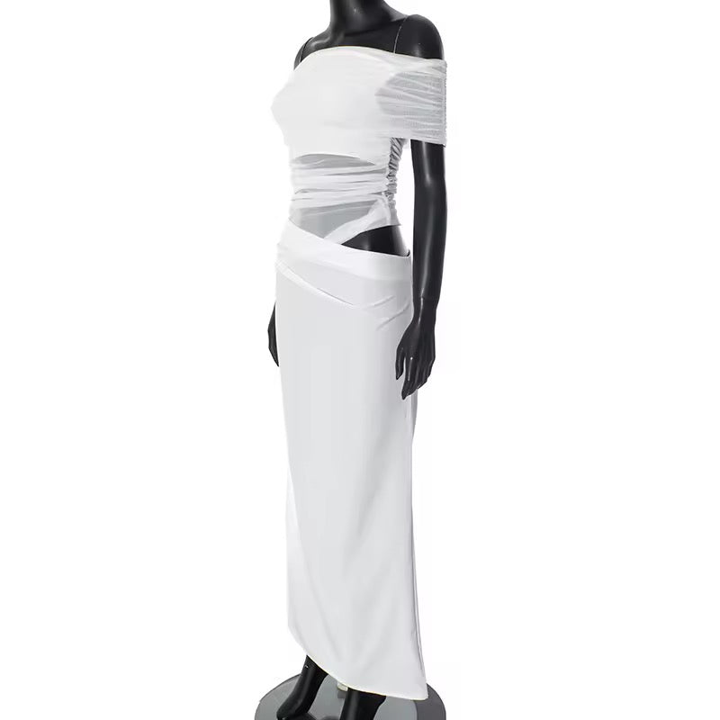 Maxi dress with ruching, mesh design and off-shoulder - Keshet
