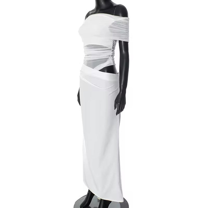 Maxi dress with ruching, mesh design and off-shoulder - Keshet