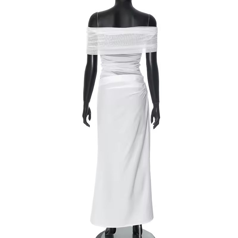 Maxi dress with ruching, mesh design and off-shoulder - Keshet