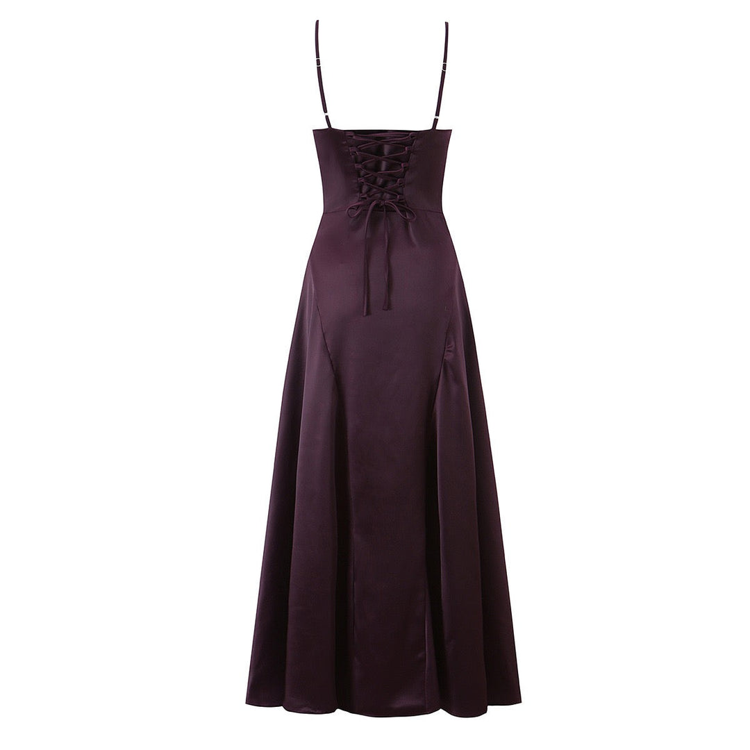 Satin maxi dress with back ties for a fitted waist – HILAY