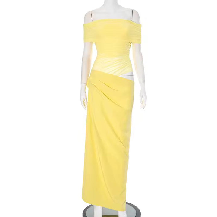 Maxi dress with ruching, mesh design and off-shoulder - Keshet