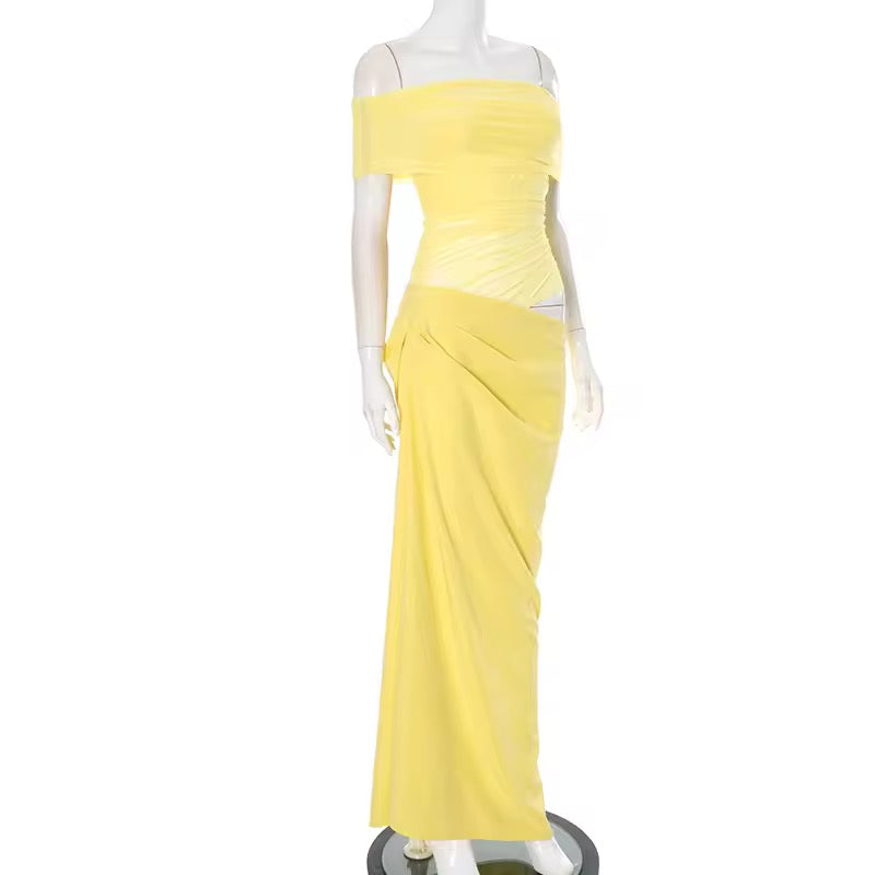 Maxi dress with ruching, mesh design and off-shoulder - Keshet