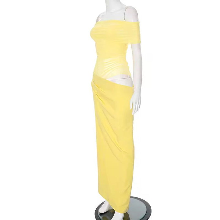 Maxi dress with ruching, mesh design and off-shoulder - Keshet