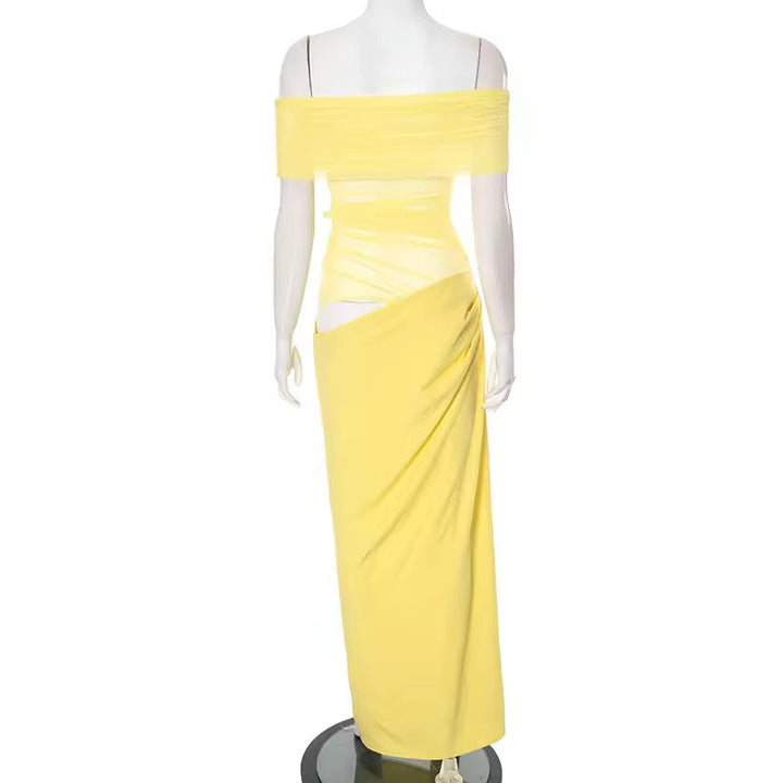 Maxi dress with ruching, mesh design and off-shoulder - Keshet