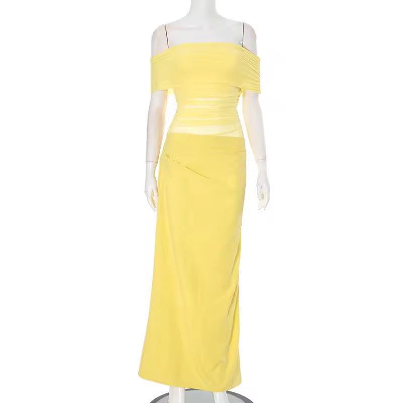 Maxi dress with ruching, mesh design and off-shoulder - Keshet