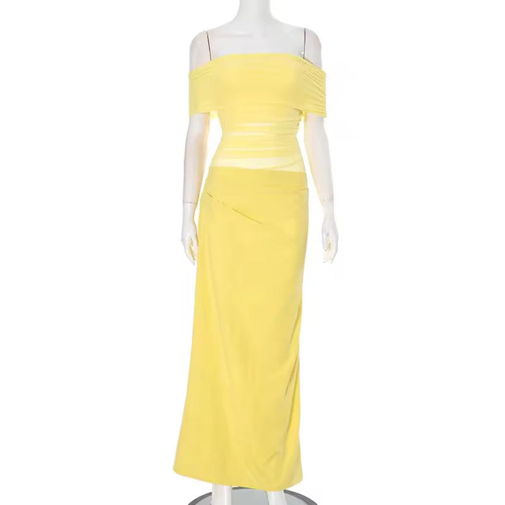 Maxi dress with ruching, mesh design and off-shoulder - Keshet