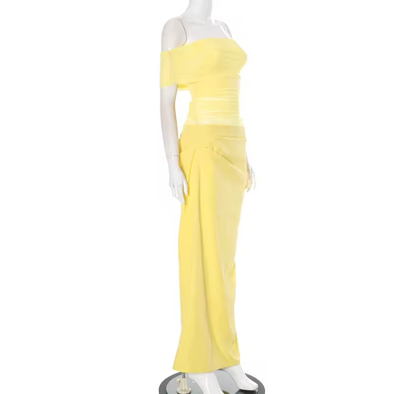 Maxi dress with ruching, mesh design and off-shoulder - Keshet