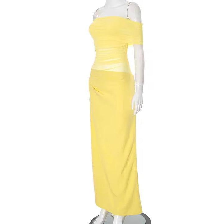 Maxi dress with ruching, mesh design and off-shoulder - Keshet