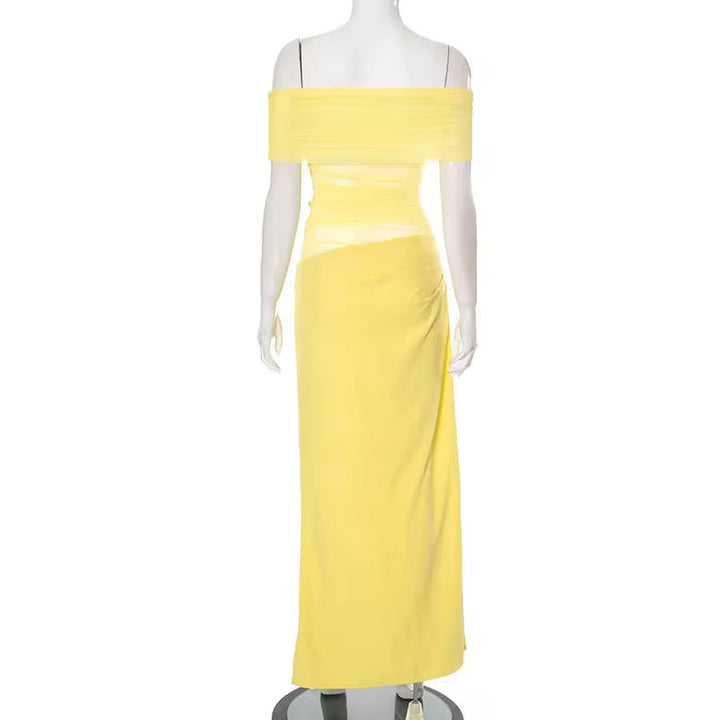 Maxi dress with ruching, mesh design and off-shoulder - Keshet
