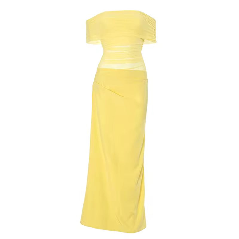 Maxi dress with ruching, mesh design and off-shoulder - Keshet