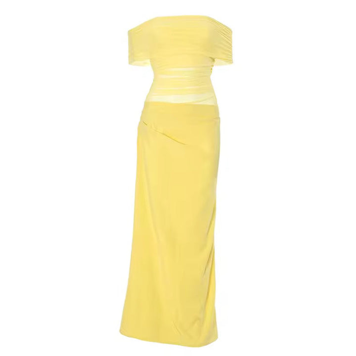 Maxi dress with ruching, mesh design and off-shoulder - Keshet