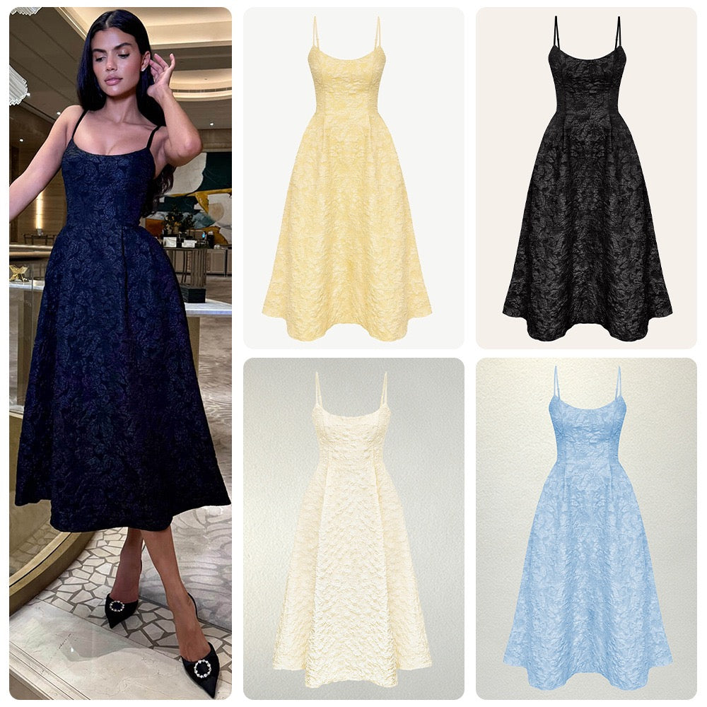 Midi A-Line Dress with Embroidered Floral Illustrations - Liliana