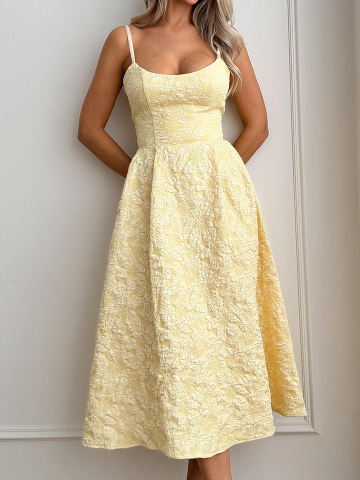 Midi A-Line Dress with Embroidered Floral Illustrations - Liliana