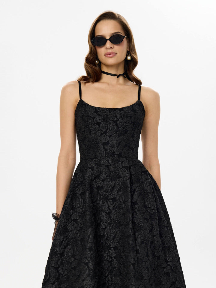 Midi A-Line Dress with Embroidered Floral Illustrations - Liliana