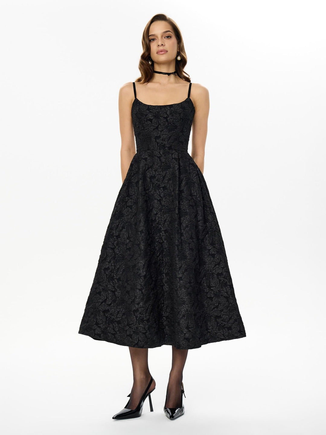 Midi A-Line Dress with Embroidered Floral Illustrations - Liliana