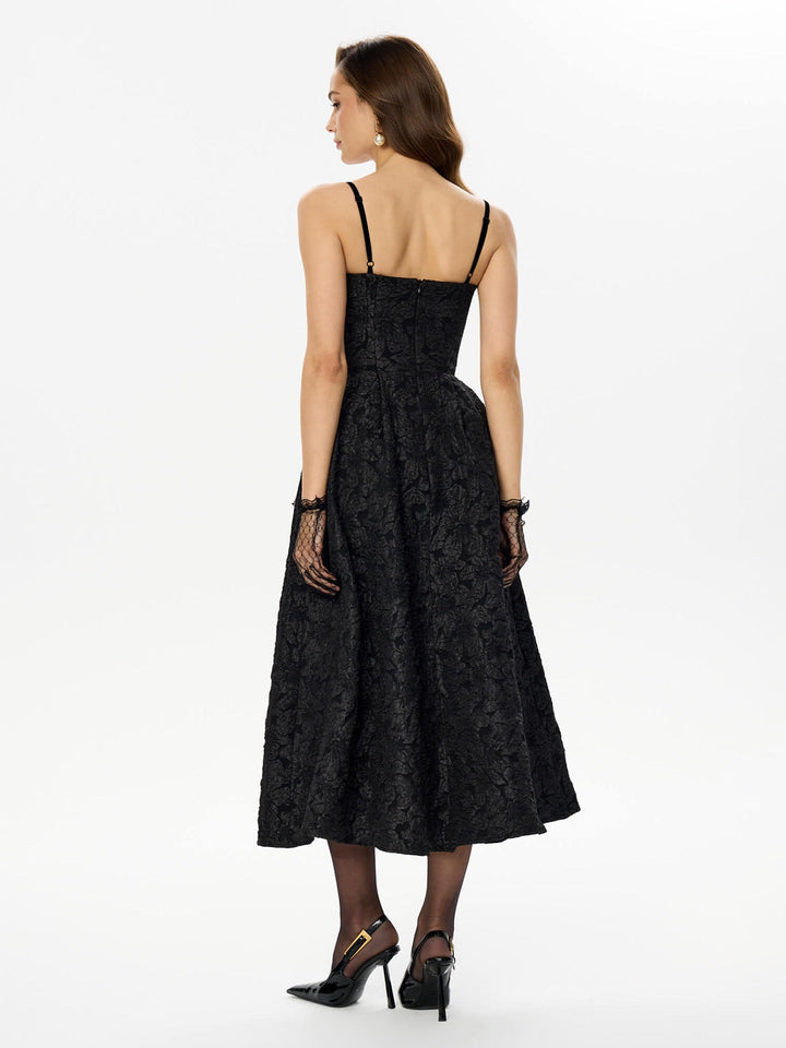 Midi A-Line Dress with Embroidered Floral Illustrations - Liliana