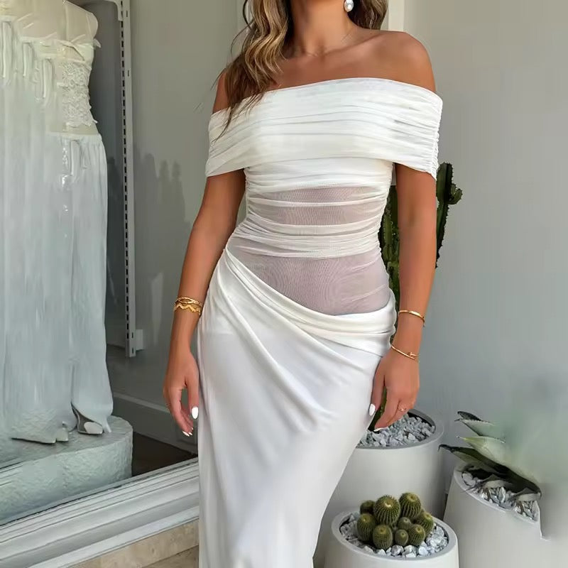 Maxi dress with ruching, mesh design and off-shoulder - Keshet