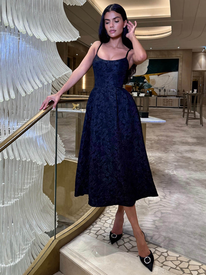 Midi A-Line Dress with Embroidered Floral Illustrations - Liliana