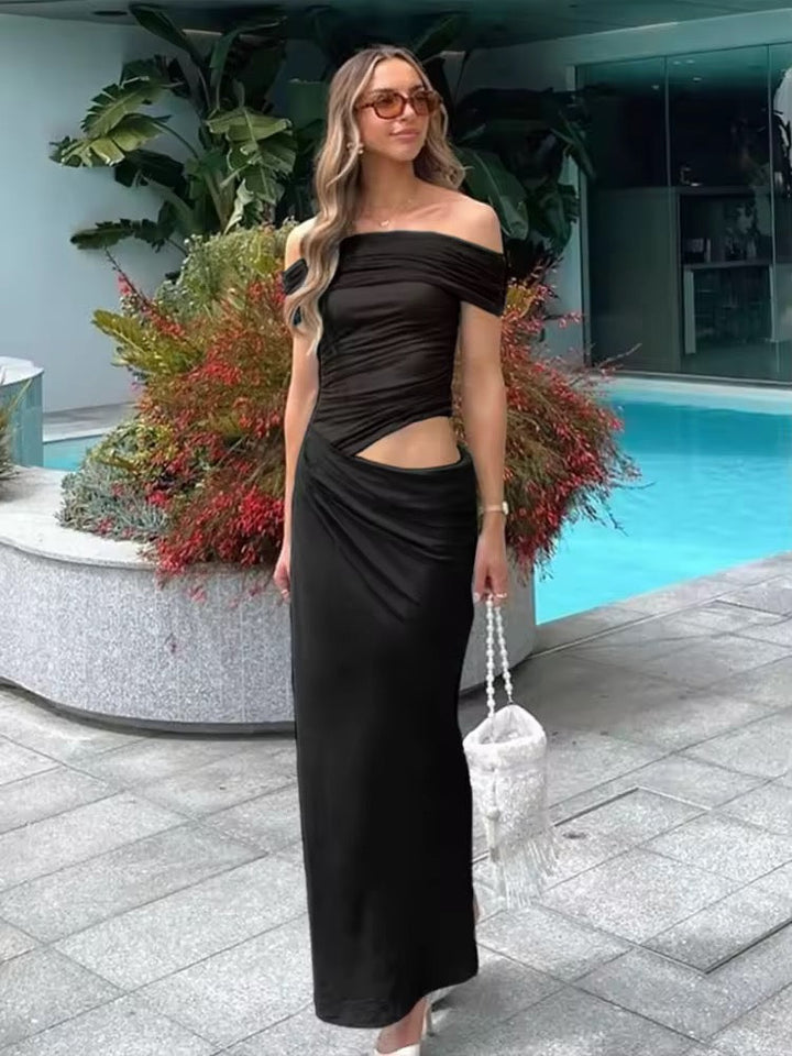 Maxi dress with ruching, mesh design and off-shoulder - Keshet