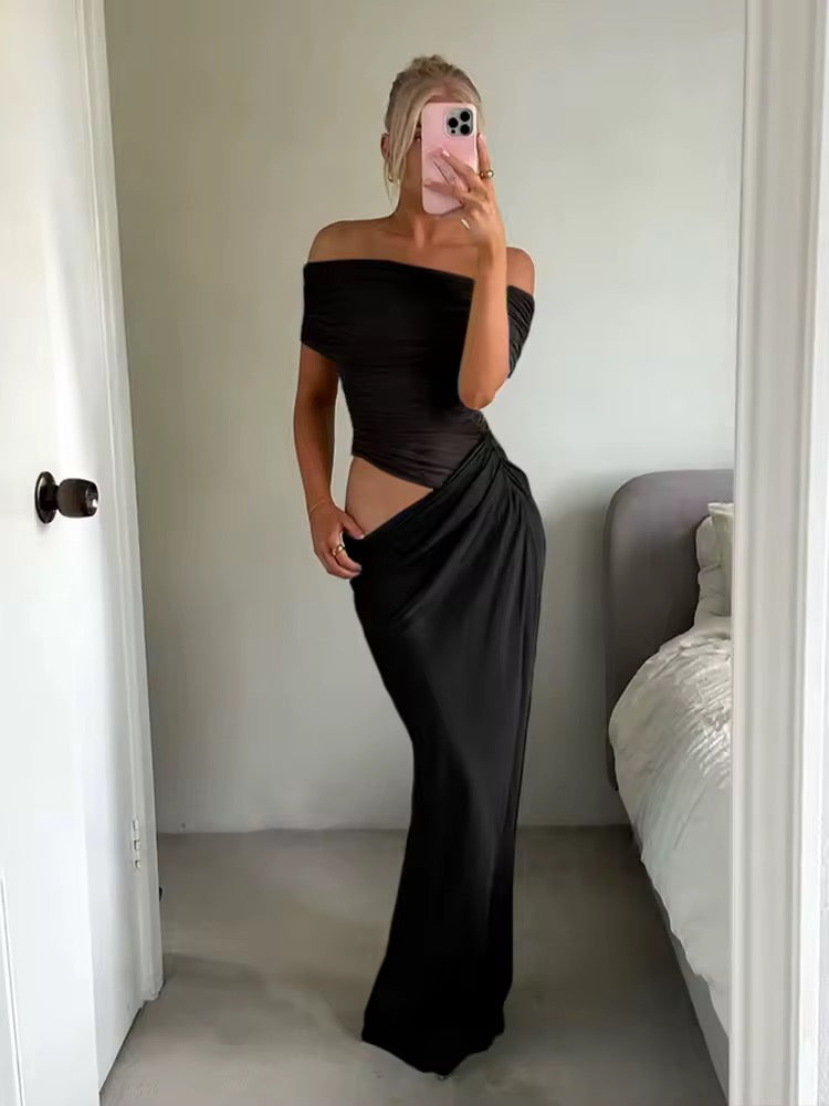 Maxi dress with ruching, mesh design and off-shoulder - Keshet