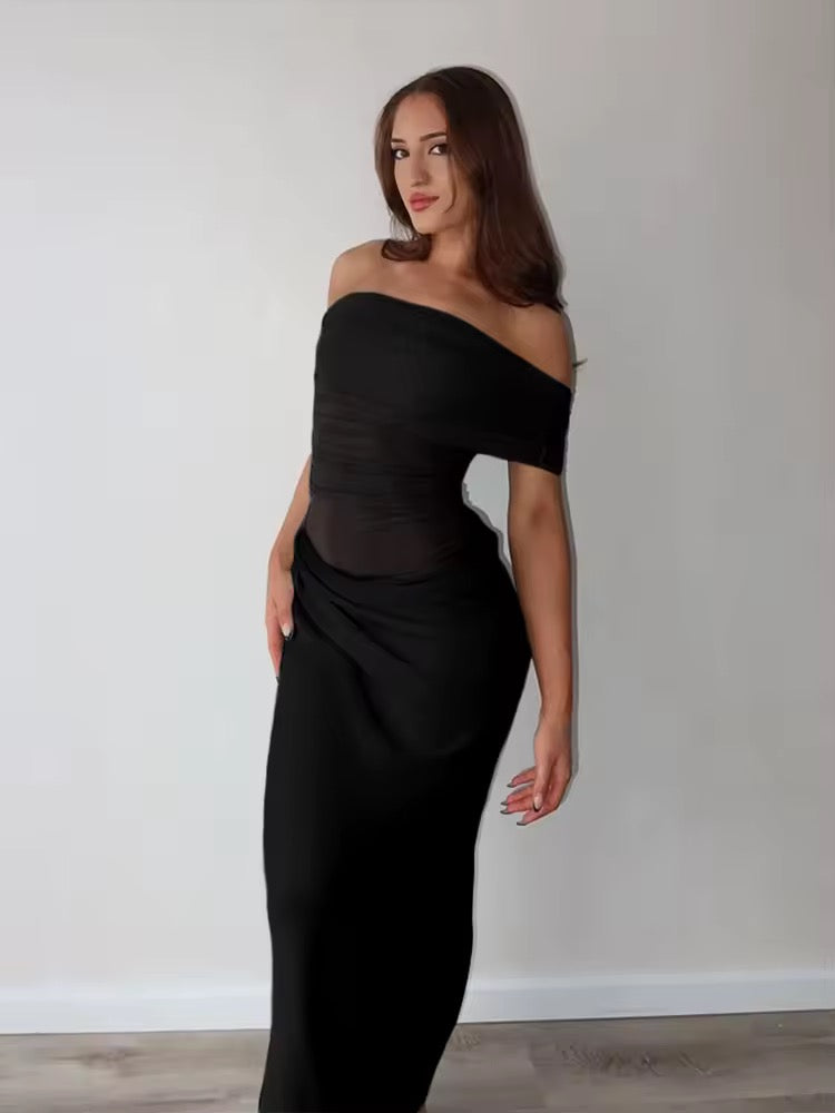 Maxi dress with ruching, mesh design and off-shoulder - Keshet
