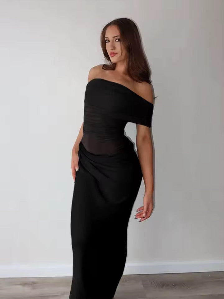 Maxi dress with ruching, mesh design and off-shoulder - Keshet