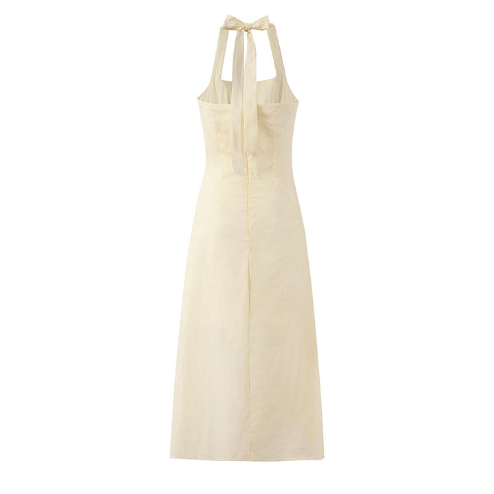 Midi dress with neck ties, an open back, and ruching – LANA