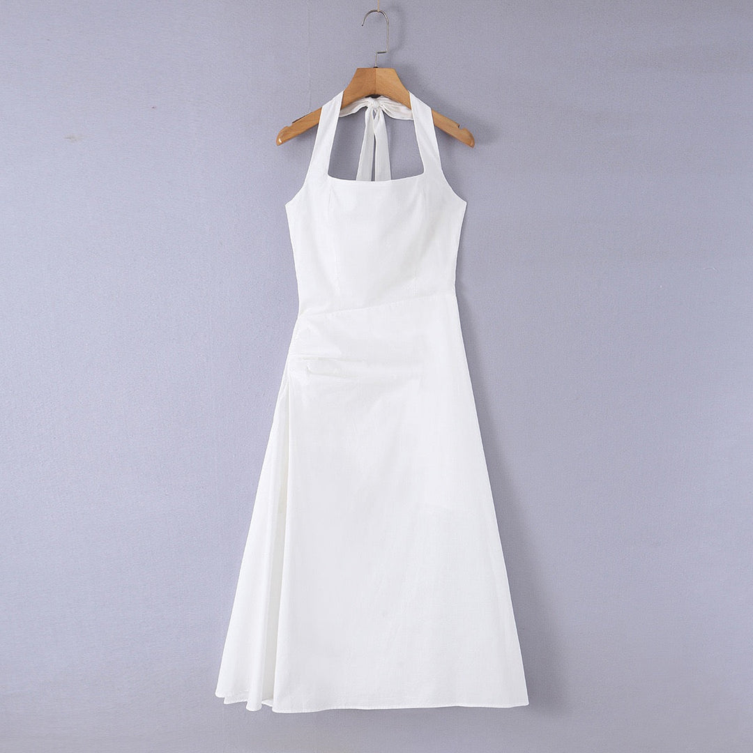Midi dress with neck ties, an open back, and ruching – LANA