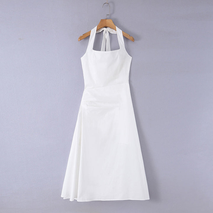 Midi dress with neck ties, an open back, and ruching – LANA