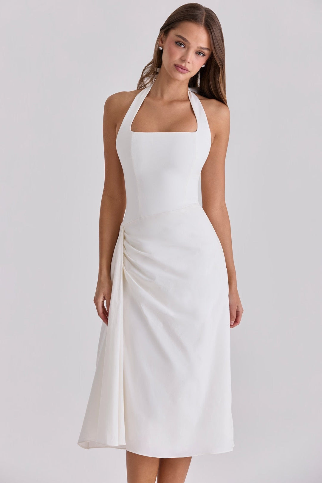 Midi dress with neck ties, an open back, and ruching – LANA