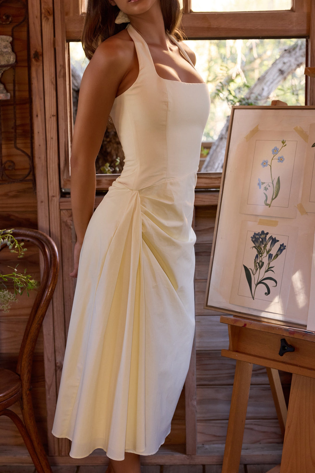 Midi dress with neck ties, an open back, and ruching – LANA