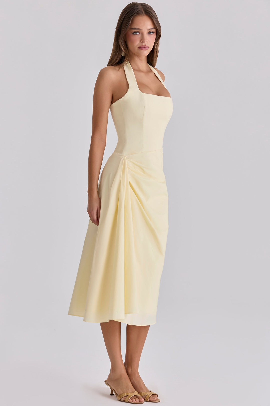 Midi dress with neck ties, an open back, and ruching – LANA
